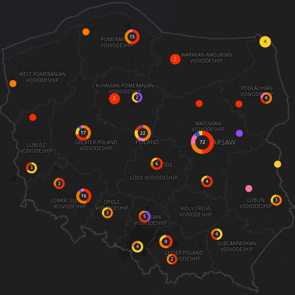 Map of Poland with documented hate incidents marked by city